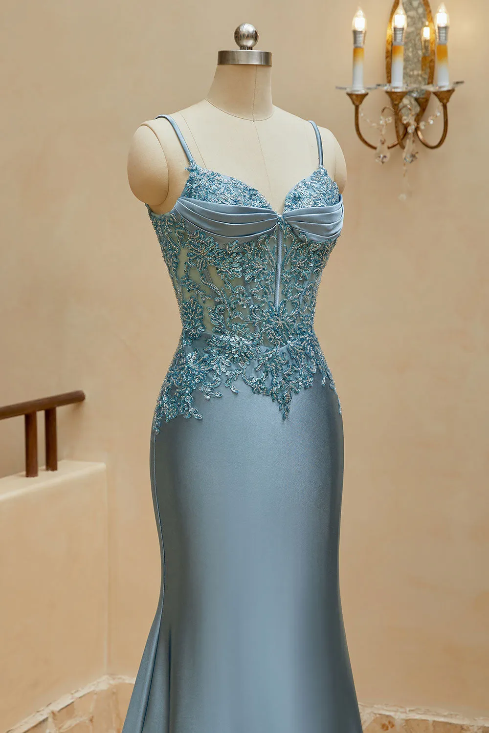 Mermaid Spaghetti Straps Prom Dresses Satin & Lace Sweep Train Evening Dresses