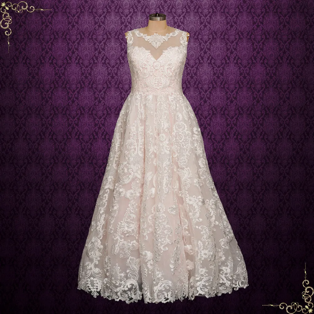 Pink A-line Lace Wedding Dress with Illusion Neckline | MALLE