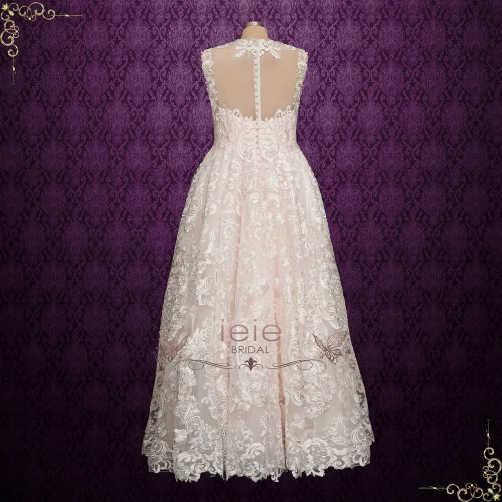 Pink A-line Lace Wedding Dress with Illusion Neckline | MALLE