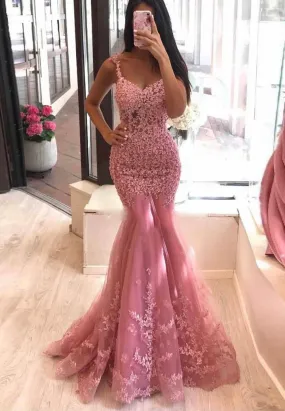 Pink Lace Long Prom Dresses Mermaid Evening Dresses Beautiful