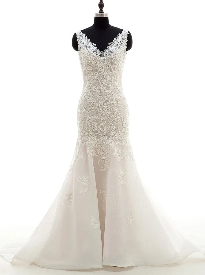 White Mermaid Wedding Dresses,Lace Wedding Gown,Trendy Bridal Dresses,WD00032